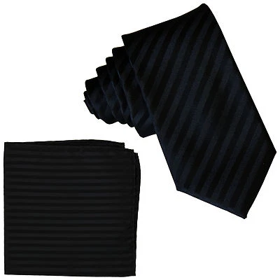 New Poly Woven Men's 2.5" slim necktie & hankie set tone on tone stripes Black - Image 1 of 3
