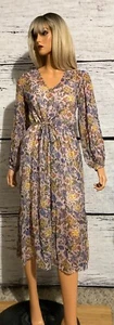 WOMENS VELVET BY GRAHAM & SPENCER V-NECK LONG SLEEVE TIE WAIST MIDI DRESS ~ XS - Picture 1 of 3