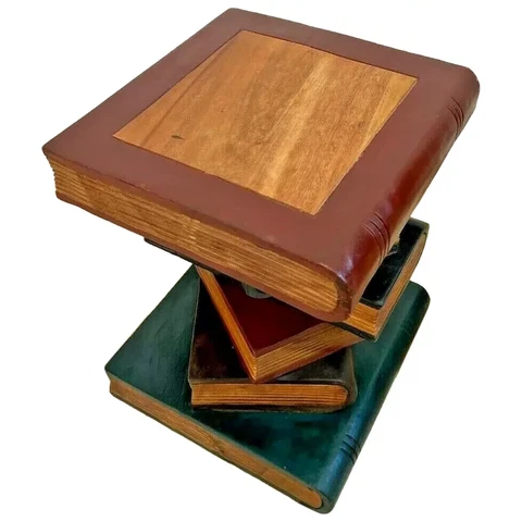 Vintage Trompe L’oeil Stacked Book Table Hand Painted Real Walnut top Insert Cover