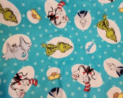 1-1/2 Yds Kaufman CELEBRATE SEUSS #73258 Fabric Grinch Horton Blue Dot 44" W - Image 1 of 4