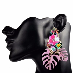 Eshaal Allure African Statement Crystal Inlay Flower Leaf Pendant Earrings - Picture 1 of 6