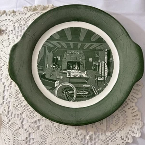 COLONIAL HOMESTEAD GREEN by Royal China Round Plate w Handles Fireplace Scene - Picture 1 of 4