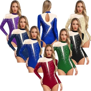 Women Romper Mesh Dancewear Sheer Bodysuit Patchwork Rhinestones Training Show - Picture 1 of 98