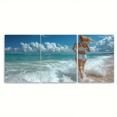 3pcs  Young Woman Running on Sandy Beach  Metal Print Ready to Hang Art - Image 1 of 4