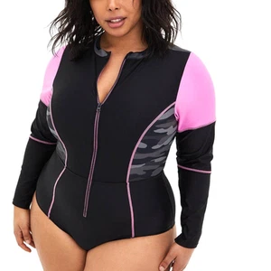 Torrid 3 (3X 22/24) Long Sleeve Active One Piece Rash Guard Zip Front Swimsuit - Picture 1 of 3