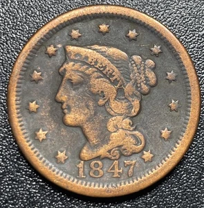 1847 Braided Hair Large Cent 1c VG Very Good - Picture 1 of 2