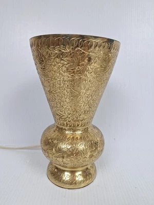 Vintage Indian Etched Brass Vase Uplight Table Lamp Electric Cord Button Switch  - Image 1 of 4