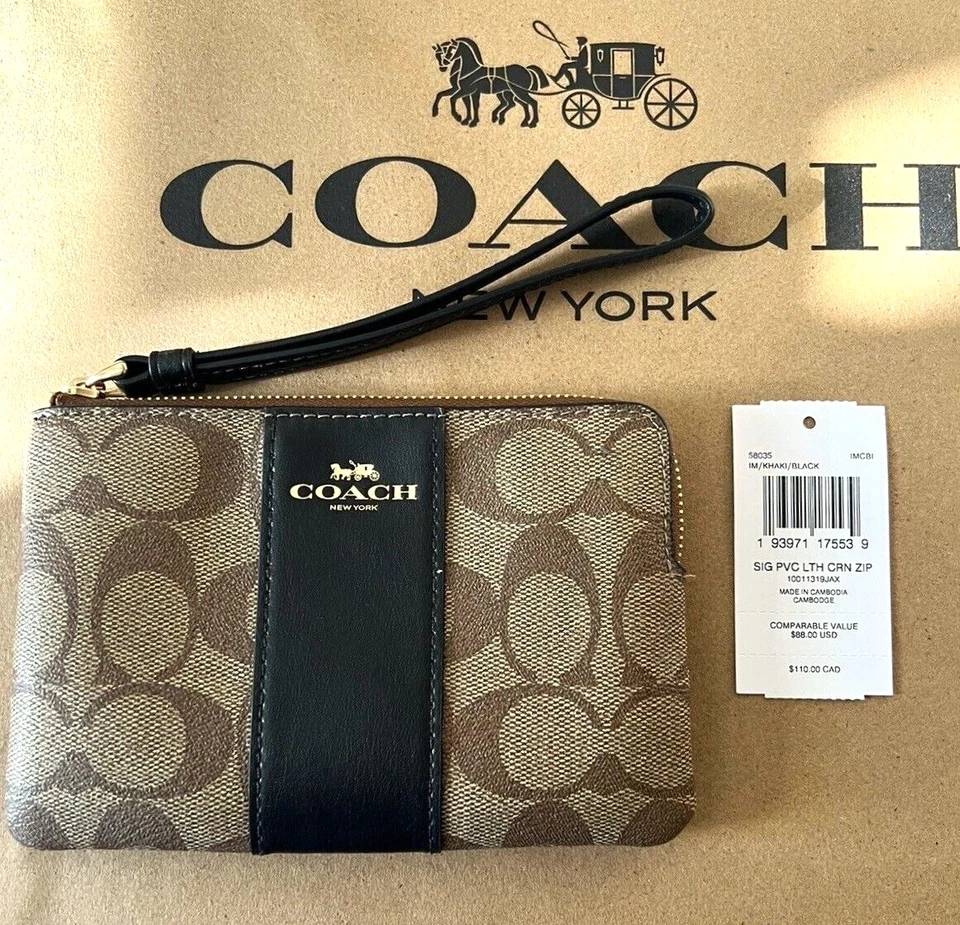 Coach Signature PVC Leather Corner Zip Wristlet Khaki Black 58035 With Tags
