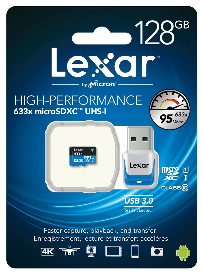 Lexar 128GB 128G 633x 95MB/s Micro SDXC MicroSD Class10 UHS-I USB3.0 Card Reader - Image 1 of 1