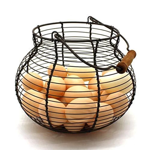 CVHOMEDECO. Antique Wire Egg Basket with Wood Handle Primitives Vintage Gathe Cover