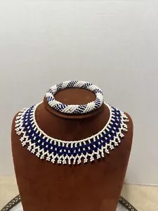 Vintage Antik 1970er Jahre Blau & Weiß Samen Perlen Halskette & Armband Schmuck Set - Bild 1 von 7
