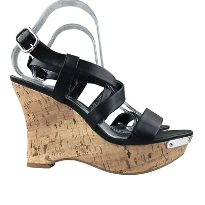 Jennifer Lopez女式10 M码黑色人造皮革软木高跟鞋楔形凉鞋 — 第 1/4 张图片
