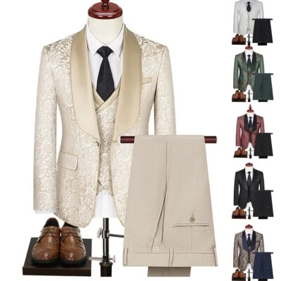 Conjuntos de traje para hombres de negocios 3 piezas Chaqueta Jacquard Floral Chaleco Pantalones Esmoquin Mantón Solapa Foto 1 de 4