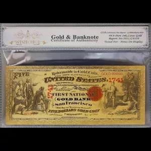 Billete de oro 1875 $5 cinco dólares tipo 2 coleccionable con bolsa y certificado - Imagen 1 de 2