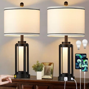 25" Modern Table Lamps Set of 2, Industrial beside Lamps with USB A+C Charging P - Picture 1 of 7