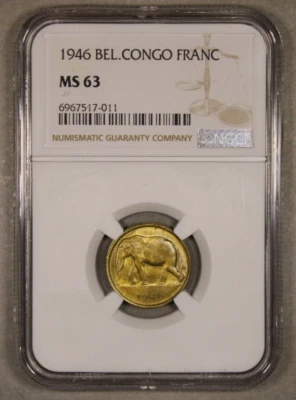 1946 Belgian Congo 1 Franc Uncirculated NGC MS63 - Image 1 of 4