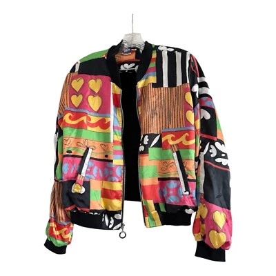 TAIL Vintage 1990s Women’s Multicolored Pop Art Bomber Poly Satin Jacket-MEDIUM - Image 1 of 4
