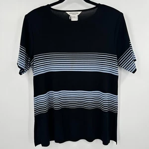 Exclusively Misook Top Damen PL blau schwarz gestreift Acryl Strick Kurzarm - Bild 1 von 10