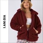 I Am Gia Wine Red Burgundy Fluffy Pixie Teddy Jacket Coat Size Small Nwt