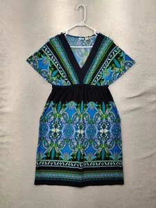 Cato Women Dress Large Blue Pattern Poly Blend V Neck A Line Casual Knee Length - Picture 1 of 17