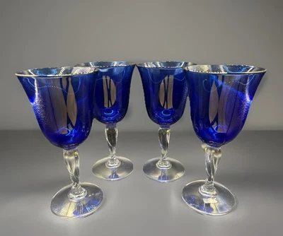 Juego de 4 copas de vino cristal D'Arques azul cobalto zafiro vástago retorcido de colección Foto 1 de 4