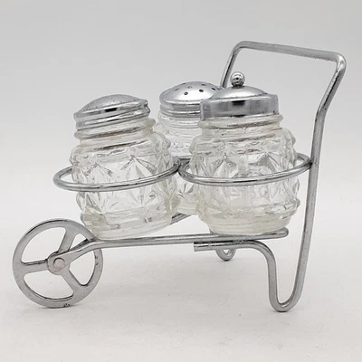 Suporte de palito de dente vintage vidro sal pimenta shakers carrinho de mão 3 peças caddy - Imagem 1 de 4