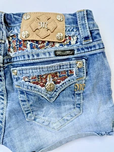 Miss Me Micro Southwest Beading Jean Shorts Distressed Size 28 Cut Off - Picture 1 of 8