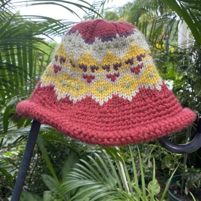 Free People Crochet Stripe Ribbed Knit Beanie in Red Yellow White OS - Image 1 of 4