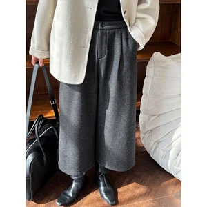 Pantaloni coreani lana vita alta ispessiti gamba dritta retrò donna pantaloni caldi - Foto 1 di 25