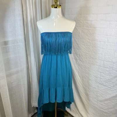 Vestido para mujer Cristina Love con flecos azul medio sin tirantes alto bajo festival Foto 1 de 4