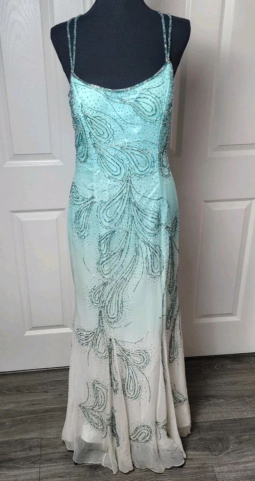Vintage Cache Maxi Dress 12 100% Pure Silk Beaded Ombre Backless Long Prom Gown - Image 1 of 4