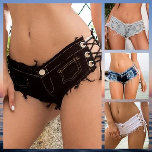 Women's Mini Sexy Short Bikini Jeans Hot Pants Lace Up Low Rise Shorts Clubwears - Picture 1 of 35