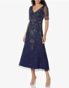 VESTIDO MIDI CON CUENTAS Adriana Papell talla 6 azul marino precio de venta sugerido por el fabricante 169 USD - Imagen 1 de 4