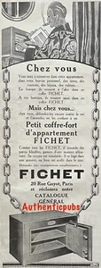 PUBLICITE FICHET PETIT COFFRE FORT D’APPARTEMENT DE 1924 FRENCH AD PUB RARE - Picture 1 of 1
