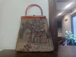 10' Vintage Box Handbag Purse  Needlepoint with Bakelite Handle Knit Crochet - Picture 1 of 5