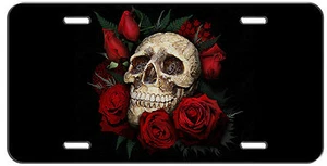 CUSTOM LICENSE PLATE SKULL AND ROSES AUTO TAG - Foto 1 di 1