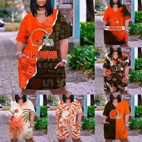 Cleveland Browns Women's Short Sleeve V Neck Dress Loose Midi Dress Blouse Cover