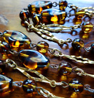 Vintage 31 Inch Long Banded Amber Glass Gold Tone Chain Necklace -K61