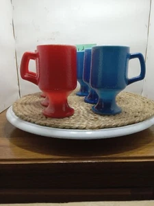 Hazel Atlas Milk Glass Pedestal Texture Glass Mug 3 Red, 3 Blue No Chips 1970's - Picture 1 of 18