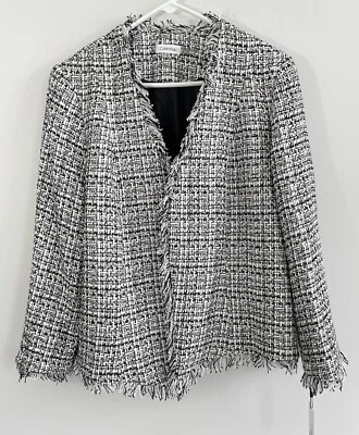 NEW Calvin Klein Blazer Jacket Womens 16W Tweed Open FRINGE Career black white - Image 1 of 4
