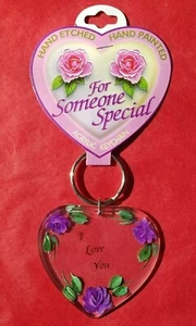 I Love You Keychain Purple Flower Hand Etched Hand Painted Acrylic New Old Stock - Picture 1 of 4