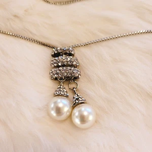 Vtg Victorian Necklace Coquette Rhinestone Lariat Faux Pearl Silver Tone 10170 - Picture 1 of 5