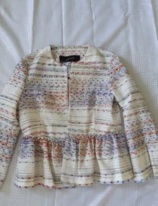 Zara Size S UK 8 white clourful Jacquard frill Blazer - Picture 1 of 8