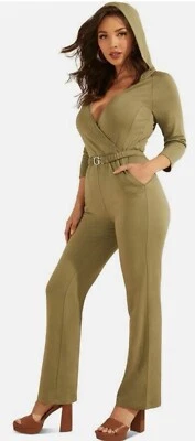 NWT GUESS Women’s Bree Hooded Belted Jumpsuit Stretch Straight Leg V Neck sz L - Image 1 of 4