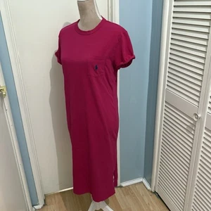 Polo RALPH LAUREN Maxi T-Shirt Dress Women's Medium Hot Pink Fuchsia & Navy Pony - Picture 1 of 16