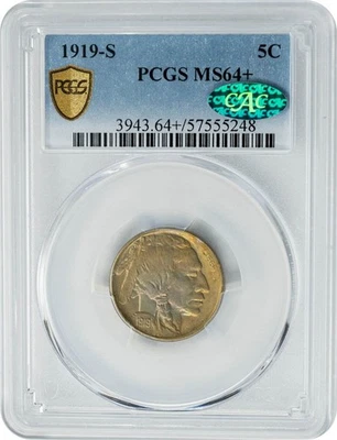 1919-S Buffalo Nickel 5c MS64+ Secure PCGS ~ CAC 949995-2 - Image 1 of 4