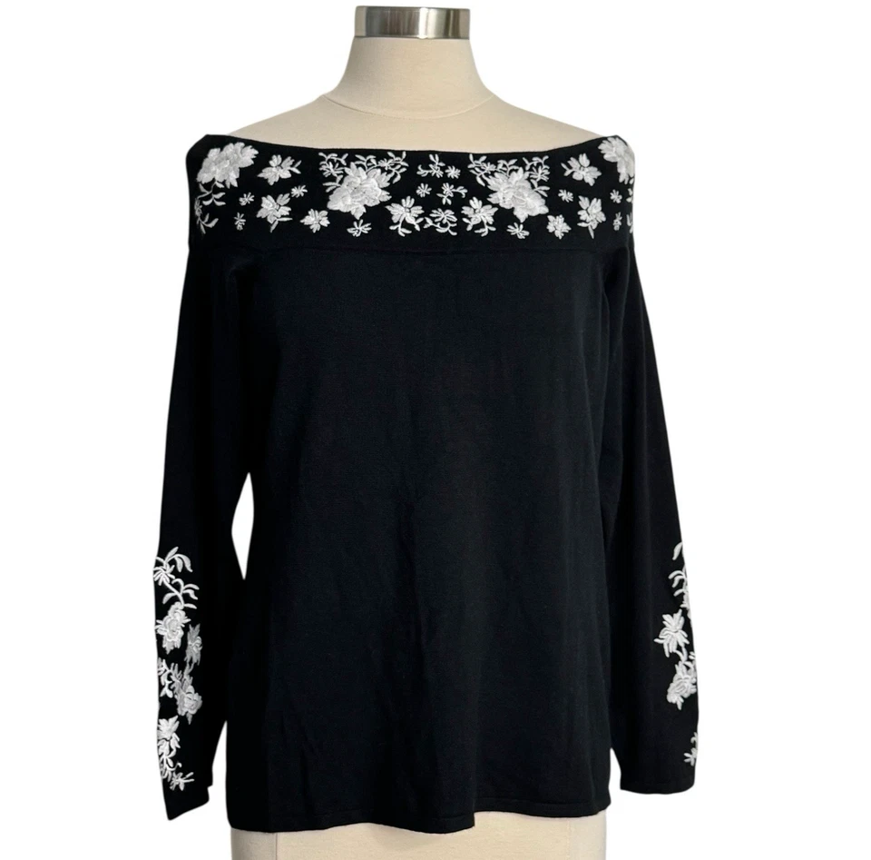 Suéter para mujer INC bordado fuera del hombro negro blanco floral XL tejido Top Foto 1 de 4