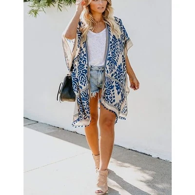 Traje de baño boho para mujer estampado kimono con ribete de pompones cubre talla única multi Foto 1 de 4