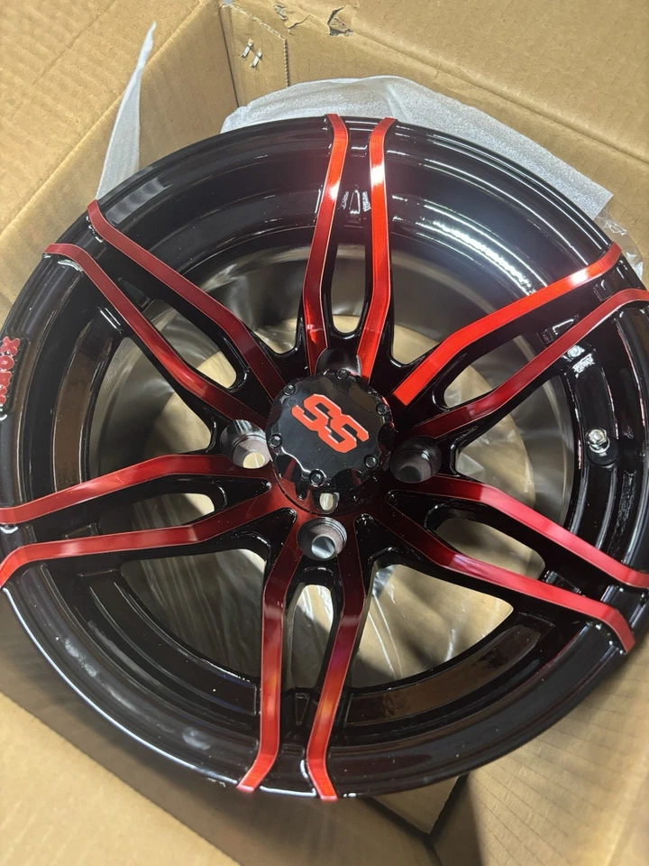 Set of 4, RHOX RX377 12" Red & Black Golf Cart Wheels, 12x7, ET -25 - Image 1 of 1