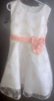 Hermoso Vestido Niña-Cualquier Ocasión Talla 6-8 Marfil con Cinturón Bordado Rosas Melocotón Foto 1 de 4